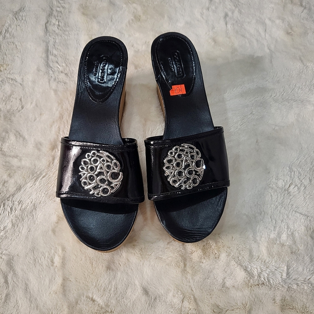 Coach women leather black  wedge sandal heels. Size 10
